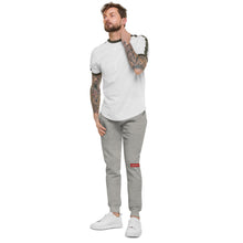 Lade das Bild in den Galerie-Viewer, Unisex-Fleece-Jogginghose von Capital H (weißer Hoovi-Druck) gedämpftes rotes und graues Logo