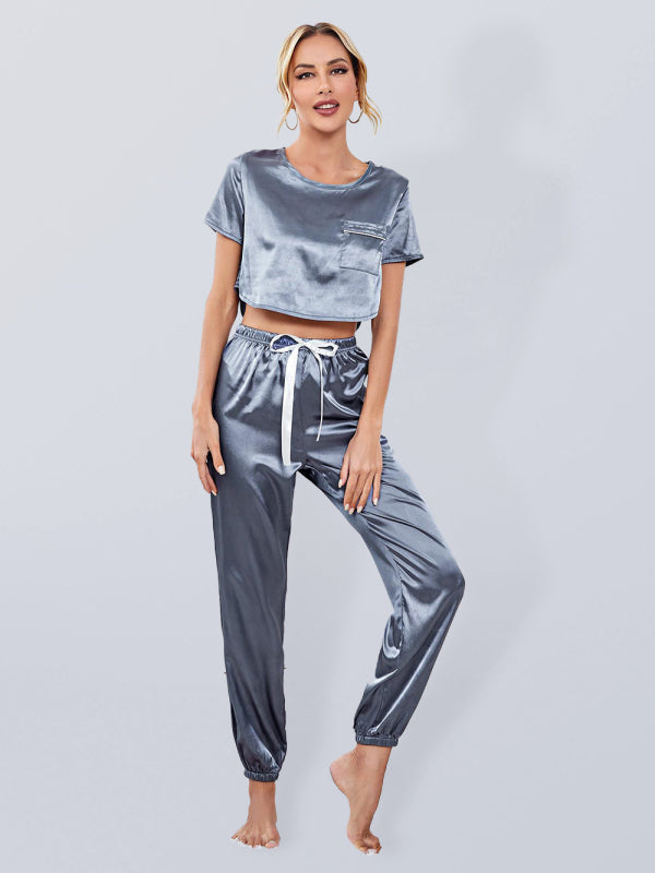 Vickie Satin Short Sleeve Long Pajama Pants Set