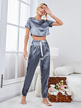 Load image into Gallery viewer, Vickie Satin Short Sleeve Long Pajama Pants Set
